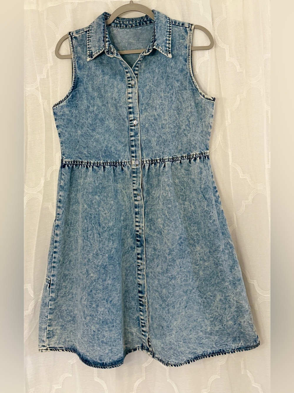 Acid Wash Denim Sleeveless Shirt Dress Button Down Medium - Picture 2 of 8